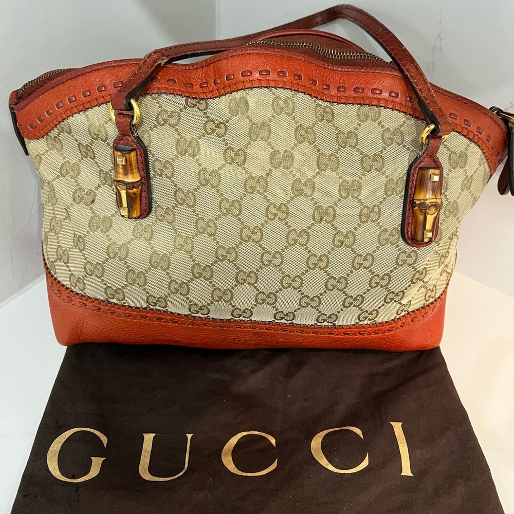 Gucci Beige Canvas Leather Bamboo Craft Tote Bar